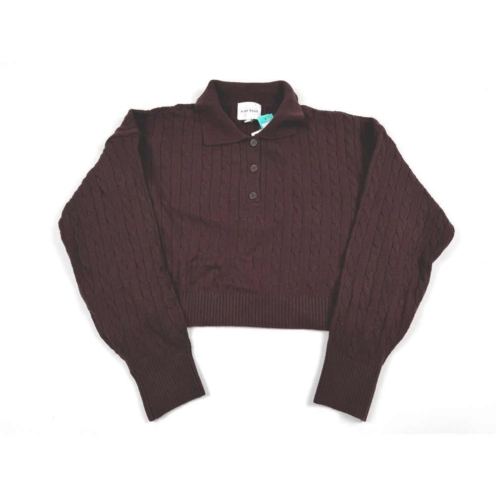 Pink Rose Annie Button Johnny Collar Sweater Espresso Brown Medium